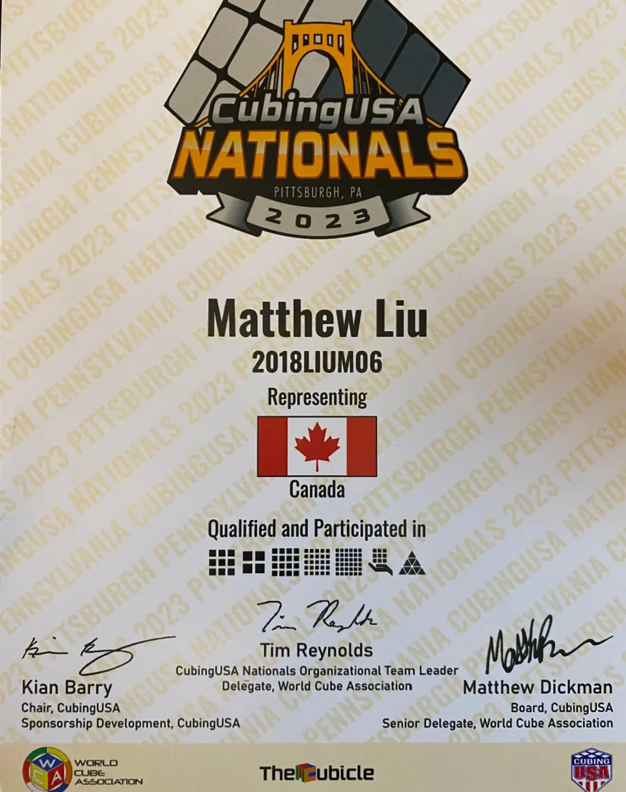 CubingUSA Nationals 2023 qualification certificate